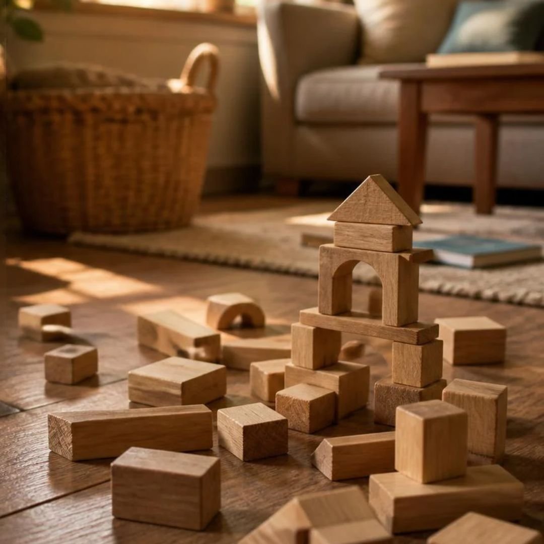 Piezas de construcción en el suelo del salón